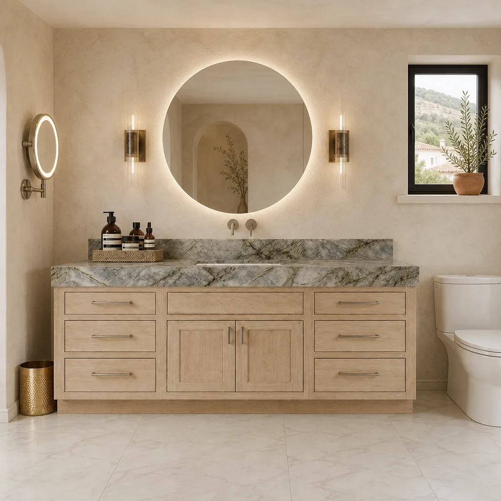 Mediterranean bathroom restyle generated in DesignDraft