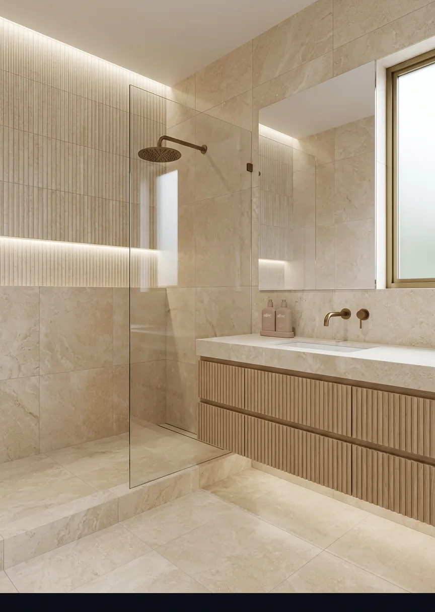 Travertine bathroom concept created with DesignDraft